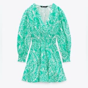 NWOT Zara Linen Blend Tropical Print Ruffled Dress Green 3/4 Sleeve Size M